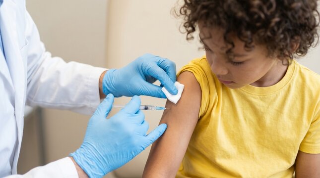 Little curly hair boy getting vaccination in medical clinic. Brave child receiving flu shot or vaccine injection in arm from professional doctor. Healthcare and immunity.