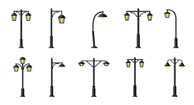 Various street lamps on white background.