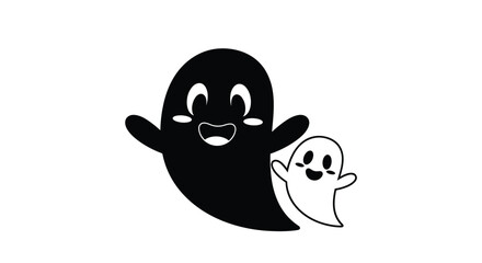 Obraz premium Black and white silhouette of two friendly cartoon ghosts one large and one small floating together for halloween.
