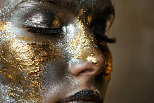 Close up beauty portrait of a model with gold and silver makeup
