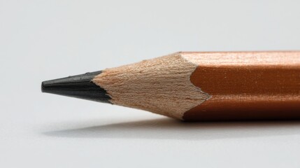 Obraz premium A sharpened wooden pencil with black graphite tip and fine grain texture on light gray background.