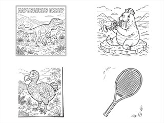 Coloring book illustrations, prehistoric animals, educational drawings, recreational activities © MDMANIK