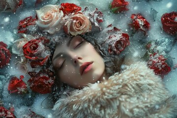 Fototapeta premium Model sleeping peacefully amidst red and white roses covered in snow, creating a magical winter scene