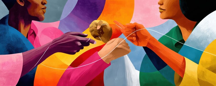 Hands connecting with threads in a colorful illustration of community, diversity and collaboration
