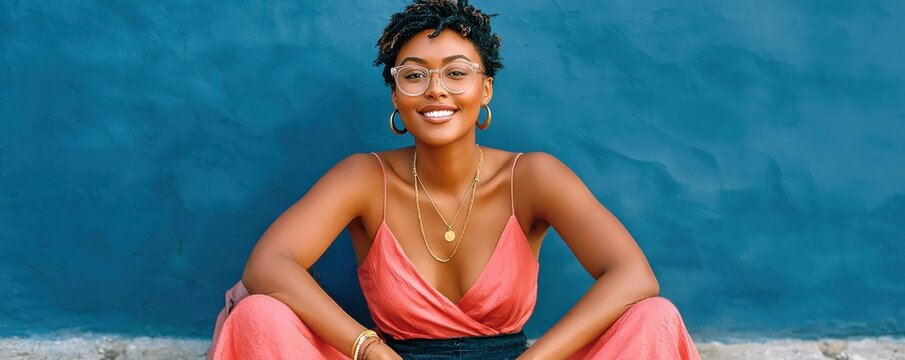 Smiling woman in stylish summer dress and glasses sitting confidently against a blue wall