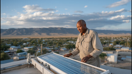 Fototapeta premium Rooftop solar-powered water purification array on community health clinic, technician adjusting UV treatment module, arid town visible below, blue sky with scattered clouds framing the installation,
