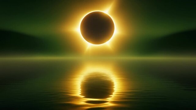 Stunning total solar eclipse with bright corona reflecting on calm water at twilight