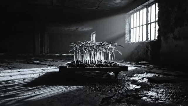 Black and white shot of saplings growing on a wooden platform inside a dark, derelict building with sunlight streaming through a barred window.