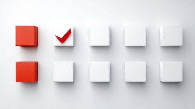 Eight 3D squares aligned in two rows on white, two red squares top left and bottom left, red checkmark on white square.