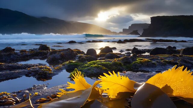 Ocean's Edge, Seaweed and Sunlight on Rocky Shore at Dusk, New Zealand