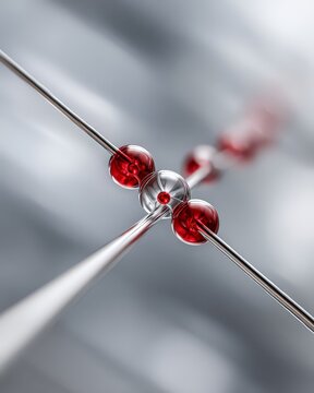 Close-up of a molecular structure with red atoms and silver bonds.