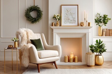 Obraz premium Minimalist white fireplace with green plants and gold accents in cozy modern living room