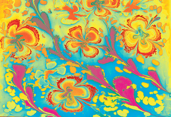 Fototapeta premium Soft pastel floral Ebru marbling texture with elegant tulip patterns and liquid ink