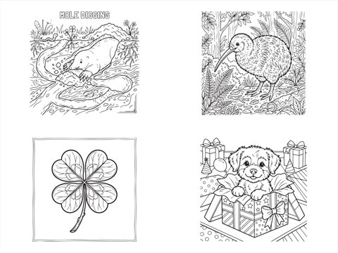 Coloring book pages, animal illustrations, kids activity sheets, black and white drawings