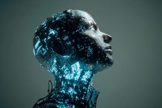 Futuristic fusion: the blend of artificial intelligence and organic form. Color blocking. Glowing digital form with circuitry: the future of ai integration. Dark aesthetic. High contrast.