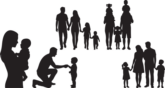 Silhouettes of diverse people walking and running in various poses against a plain background