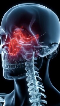 3D Medical Animation of Transparent Human Skull Rotating with Glowing Red Sinus Cavities Highlighting Sinusitis Pain