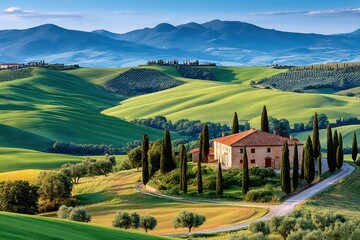 Fototapeta premium Sunlit Tuscan farmhouse amid rolling green hills and cypress-lined country road
