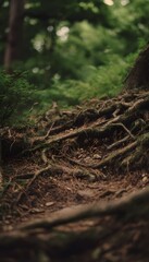 Fototapeta premium Ancient tree roots embrace damp earth a tranquil woodland scene evokes peaceful organic textures