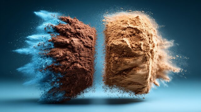 Colorful explosion of chocolate and vanilla powder particles