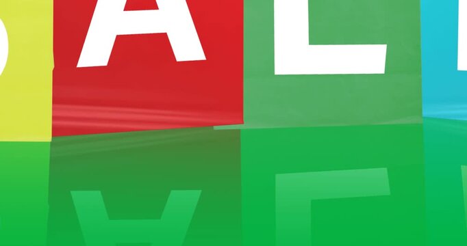 Digital animation of sale text on multiple colorful shopping bags against black background
