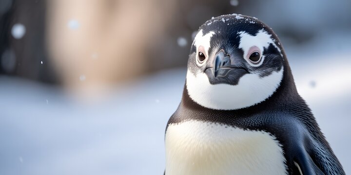Close-up penguin standing in snowy habitat with black head, white markings, and snowflakes falling, highlighting wildlife detail and cold environment beauty