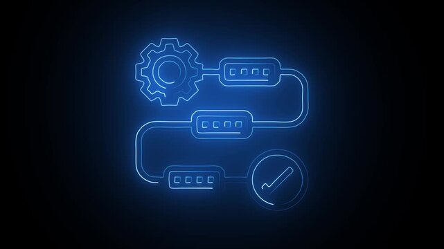 Futuristic Blue Neon Workflow Animation: Glowing HUD Process Map with Rotating Gear and Completion Checkmark, High-Tech Digital Flowchart for Business Automation, AI Logic, and Software Development