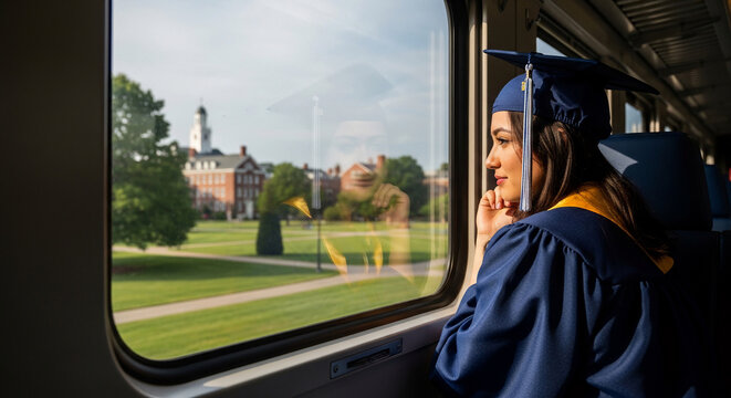 A reflective graduate embarking on a new journey, gazing thoughtfully out a train window at the passing academic campus after achieving graduation success