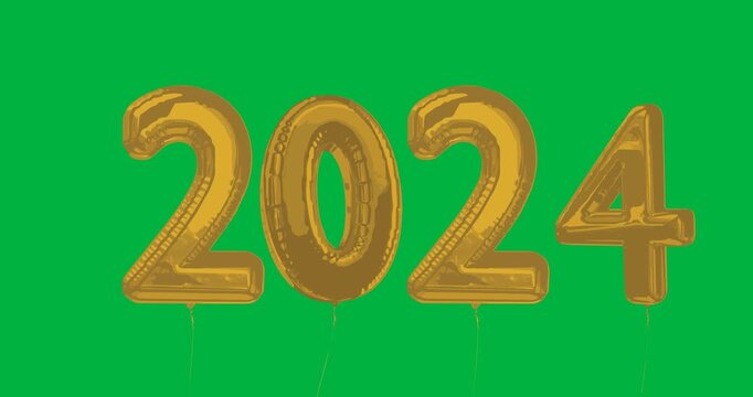 Digital animation of 2024 golden foil balloons floating against black background