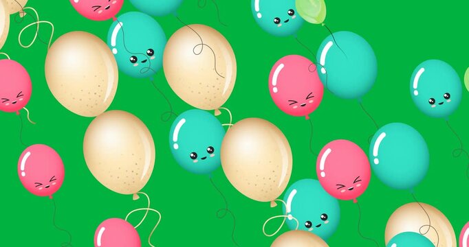 Digital animation of multiple colorful balloons floating against black background
