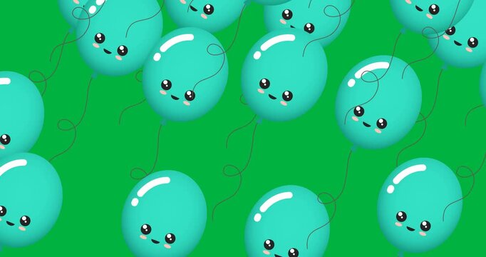 Digital animation of multiple green balloons floating against black background