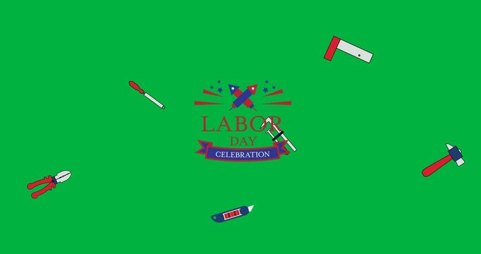 Digital animation of multiple tools falling against labor day text banner on black background