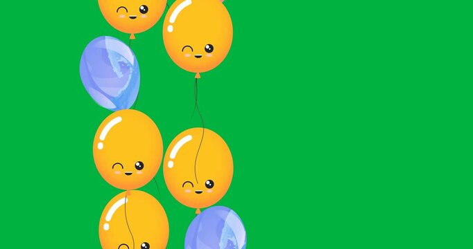 Digital animation of colorful round balloons floating against black background