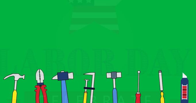 Digital animation of multiple tools over labor day text and star icon against back background