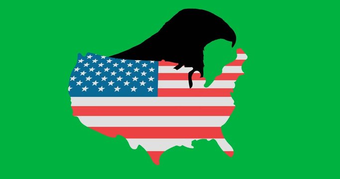 Digital animation of american flag design over us map against black background