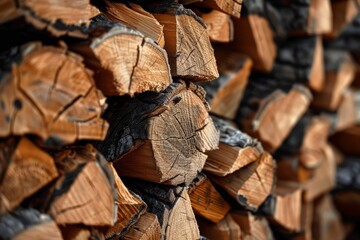 Fototapeta premium Close up of stacked firewood logs, highlighting the intricate growth rings and cracks in the wood grain, creating a rustic and natural texture