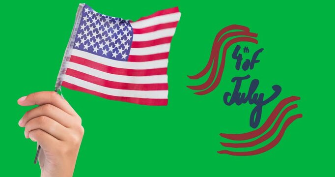 Hand waving flag and happy 4th of july text against black background