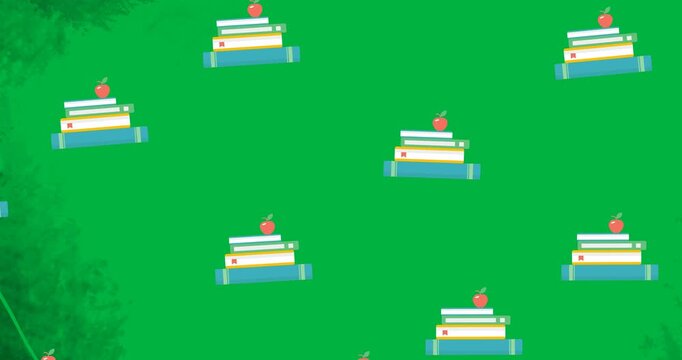 Digital animation of multiple apple over stack of book icons floating against black background