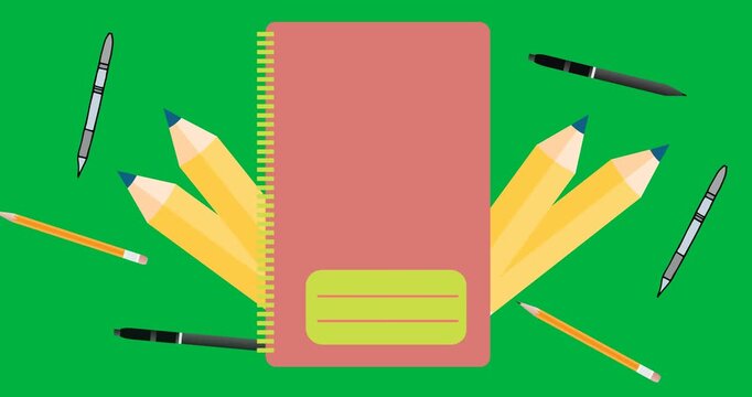Digital animation of diary book and pencils icons against black background
