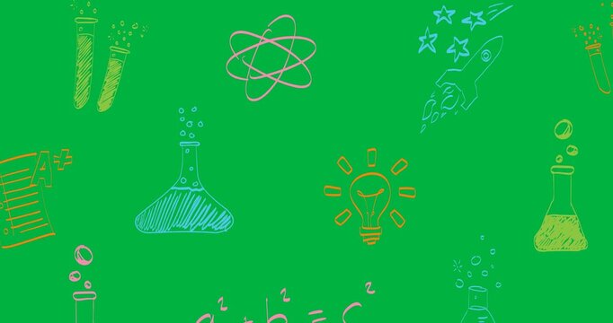 Digital animation of multiple chemistry and science concept icons against black background