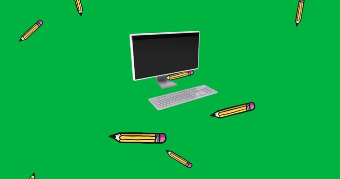 Digital animation of computer icon and multiple pencil icons falling against black background
