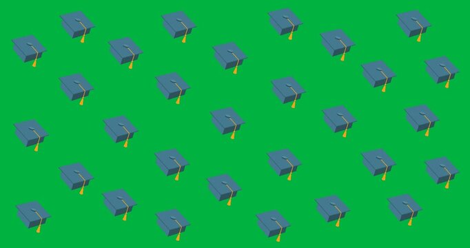 Digital animation of multiple graduation cap and book icons floating against black background