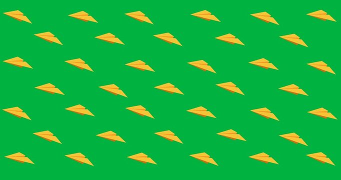 Digital animation of multiple yellow paper plane icons floating against black background