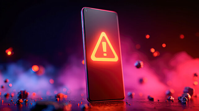 A smartphone displays a glowing red warning symbol in a dramatic, colorful environment with floating particles.