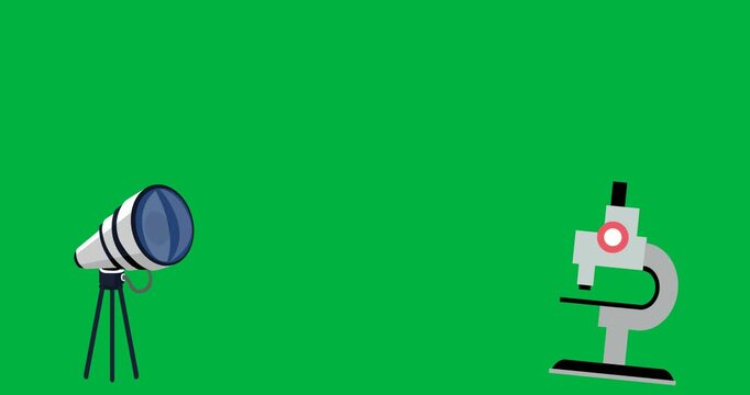 Digital animation of telescope and microscope icons against black background
