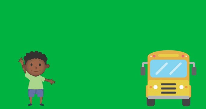Digital animation of school boy and school bus icons against black background