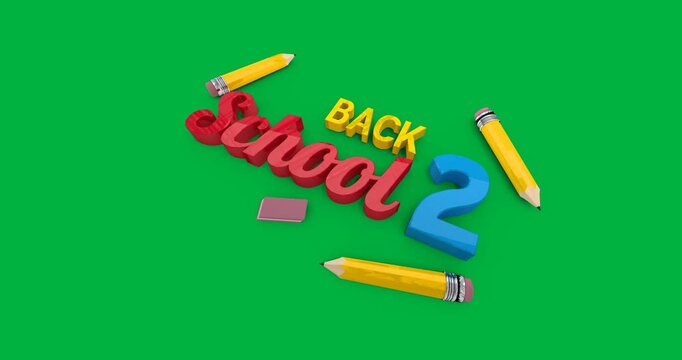 Colorful back to school text banner with pencil and eraser icons against black background