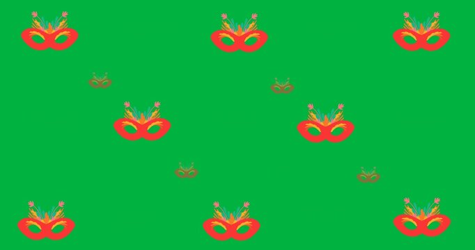 Digital animation of multiple masquerade mask icons in seamless pattern against black background