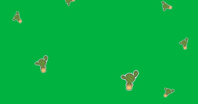 Digital animation of multiple cactus plant icons falling against black background