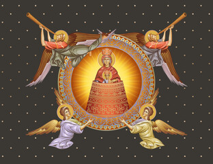 Fototapeta premium Addition of the Mind. The Blessed Virgin Mary and Jesus Christ. Decorative vintage illustration with angels in Byzantine style